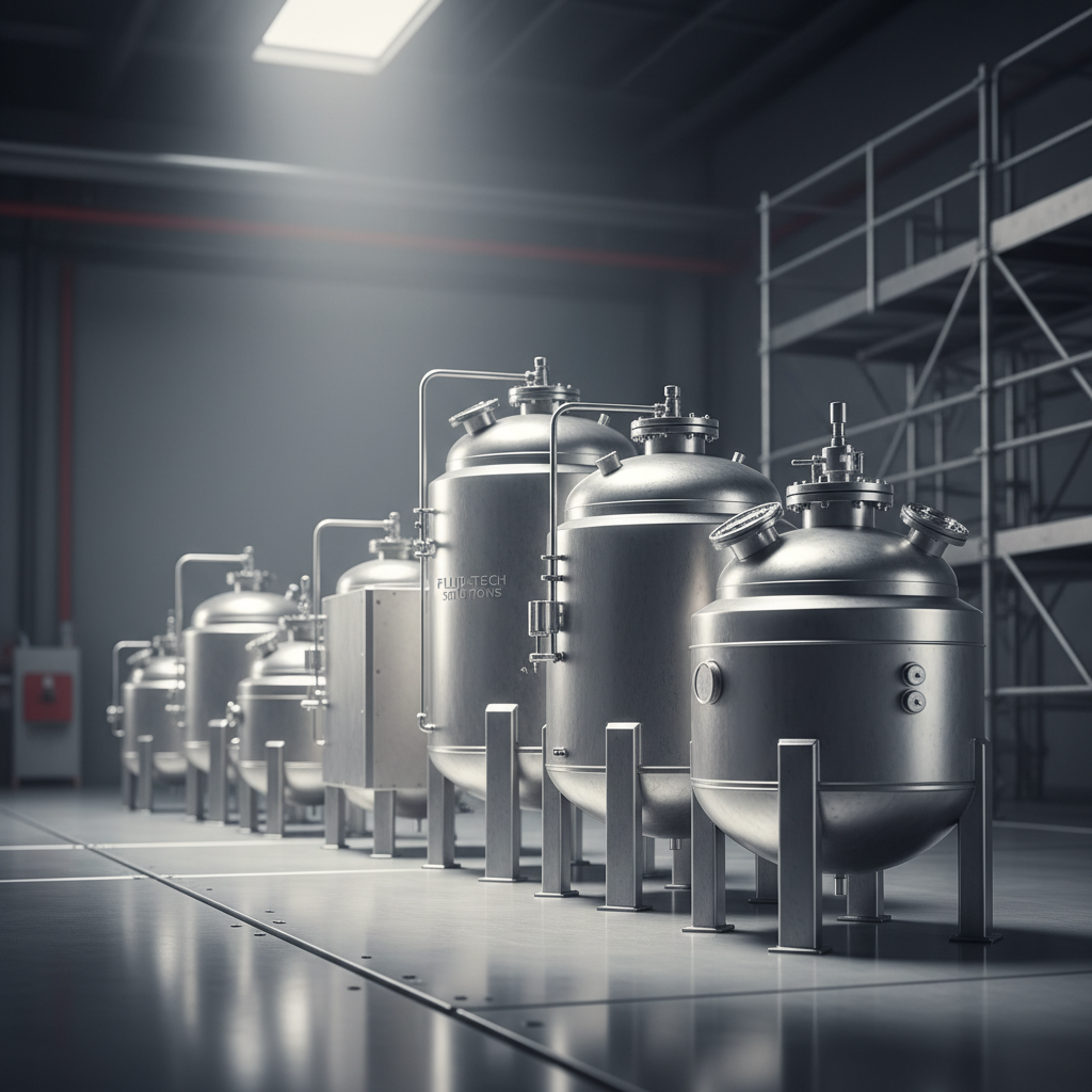 Stainless steel chemical storage tanks in a fabrication workshop, bright polished steel, industrial lighting
