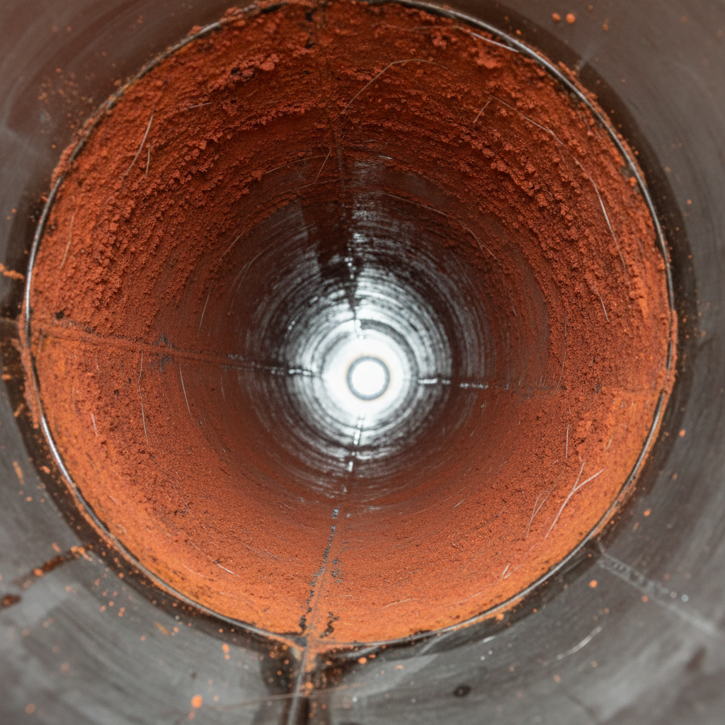 Stainless steel pipe interior showing orange-red rouge deposits and iron oxide contamination
