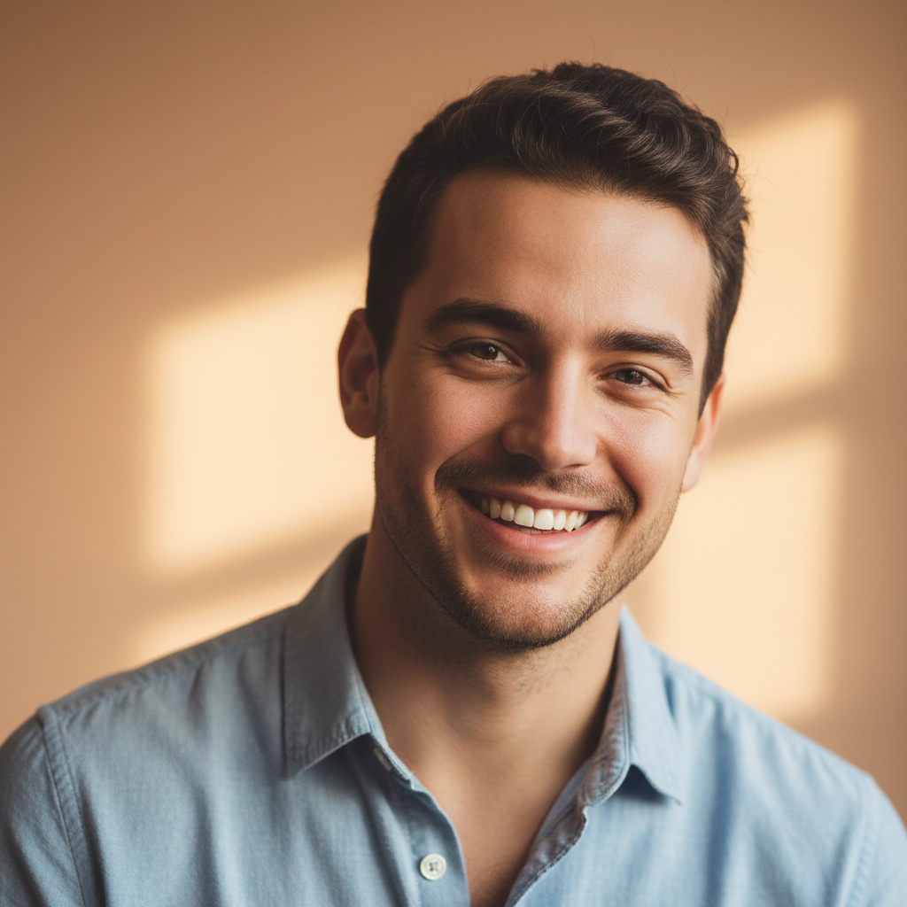 Young man with short brown hair wearing casual button-up shirt smiling warmly in bright studio environment