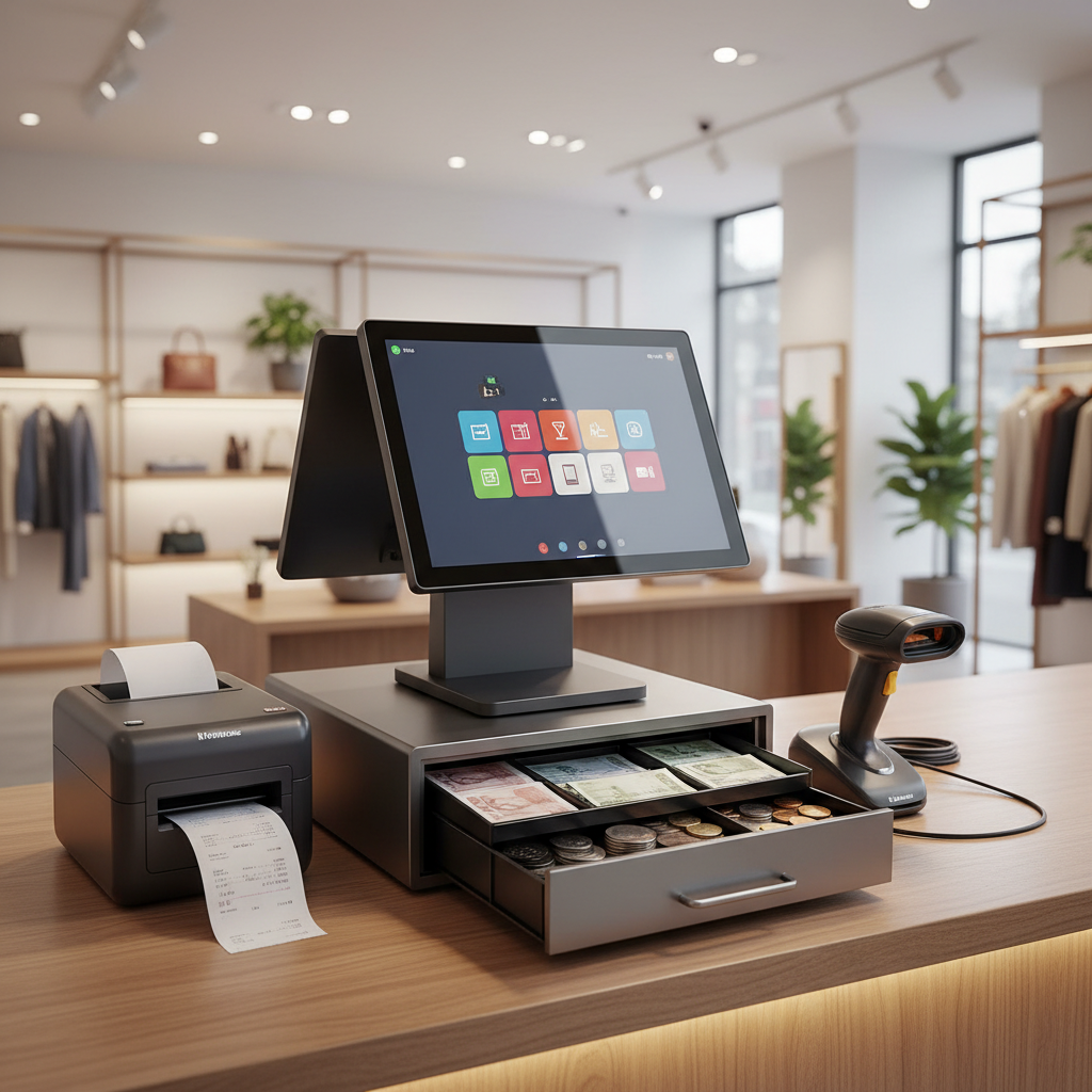 Modern retail POS terminal on clean shop counter, bright well-lit store interior, products visible in background