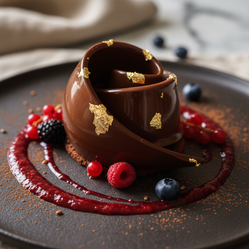 Dark chocolate dessert with gold leaf and berries, dramatic dark background, fine dining plating