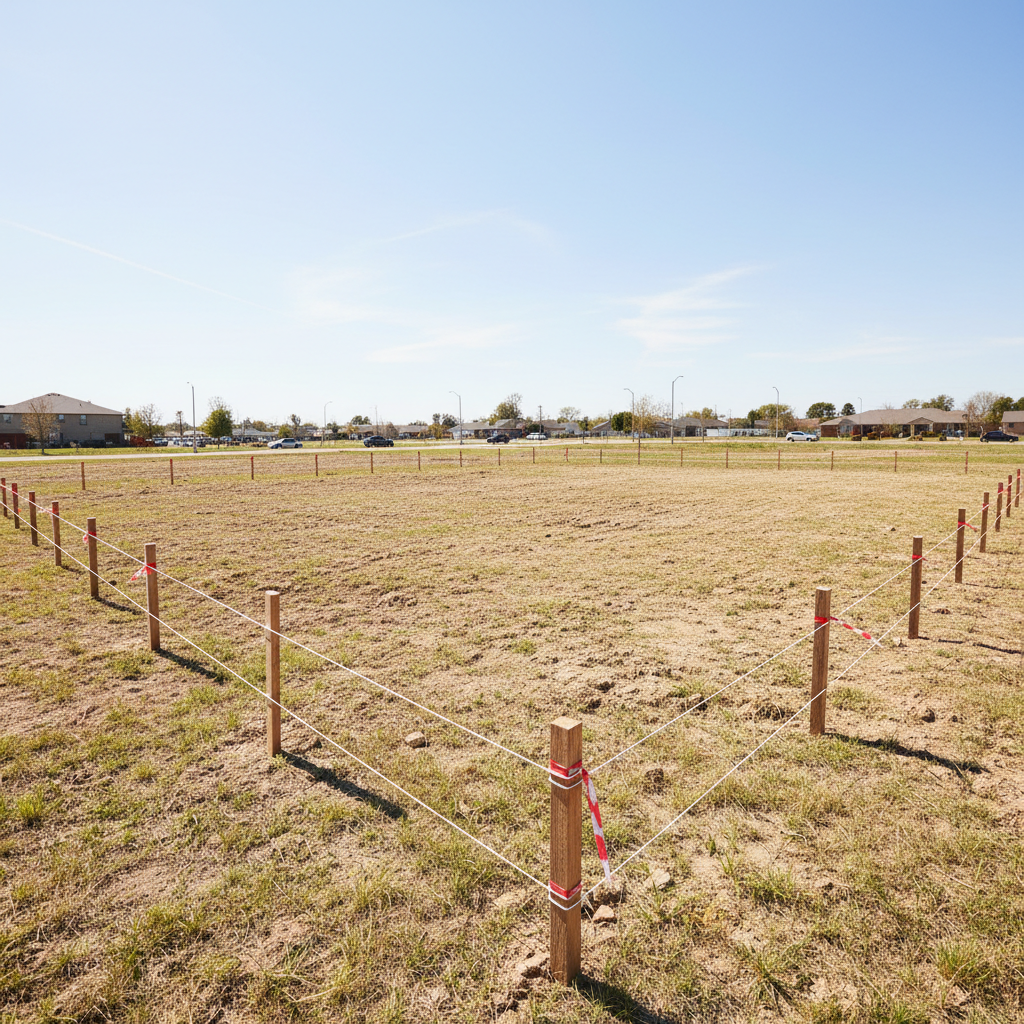 Open land development with clear plot markings, bright daylight, green surroundings