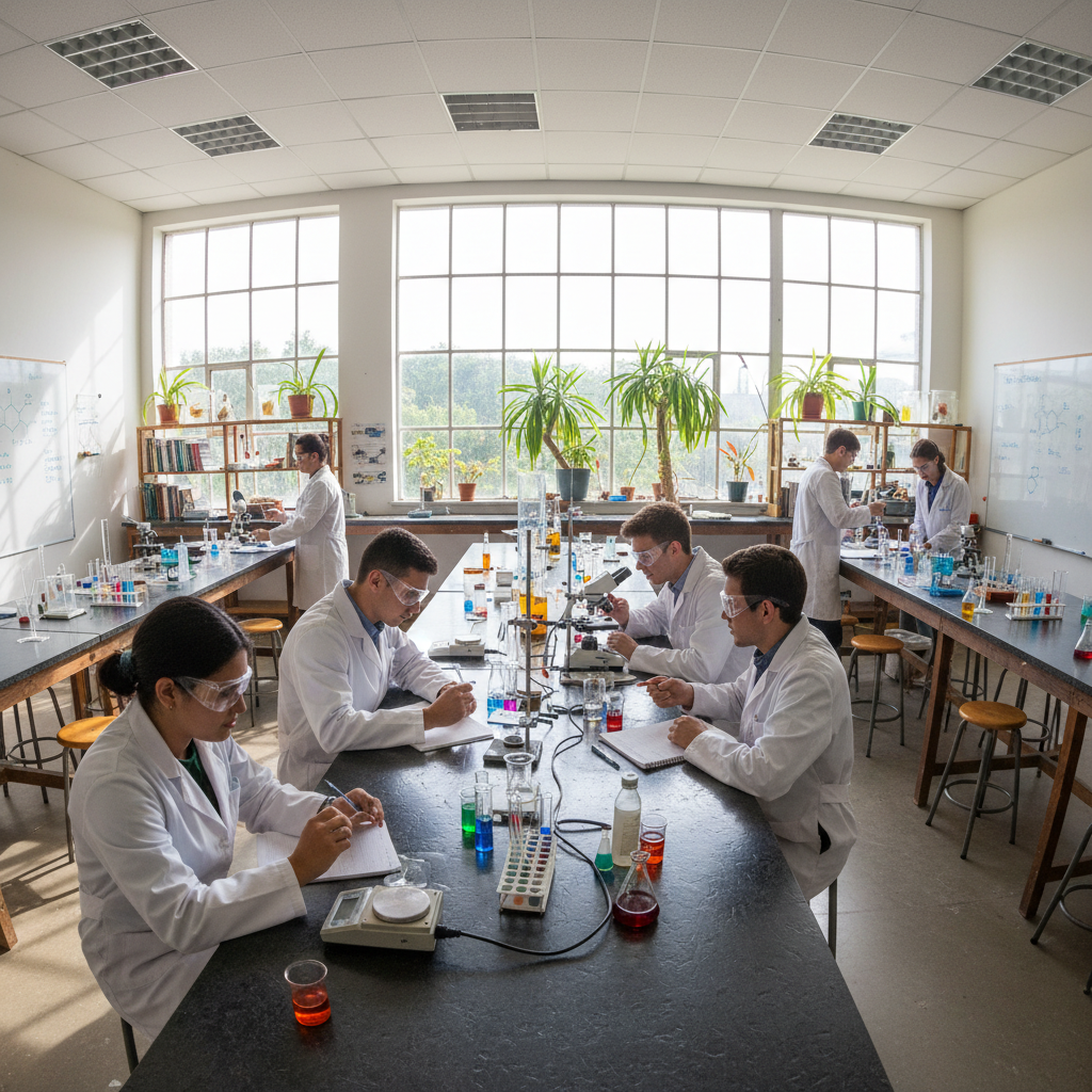 Science lab students conducting experiments in well-lit laboratory