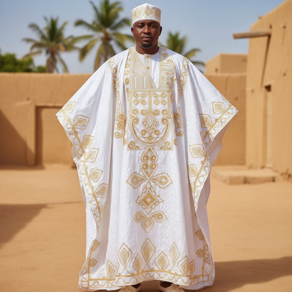 White embroidered traditional robe on dark surface, gold thread details
