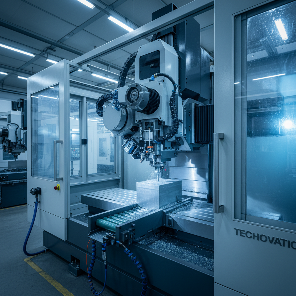 A 3-axis CNC milling machine actively cutting a metal workpiece in a precision manufacturing workshop