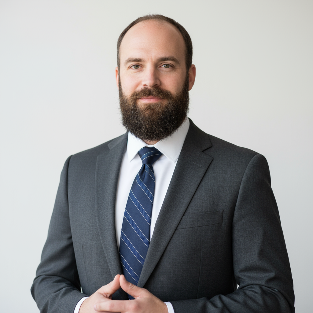 Hombre adulto con barba, aspecto profesional, fondo neutro