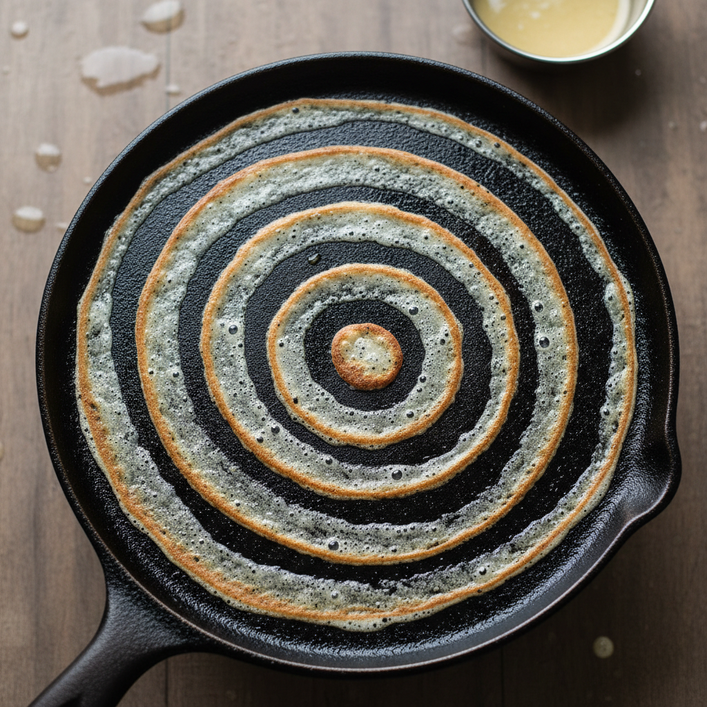Overhead shot of a dosa spreading on a cast-iron griddle, batter hissing, shot from directly above showing the spiral spread pattern