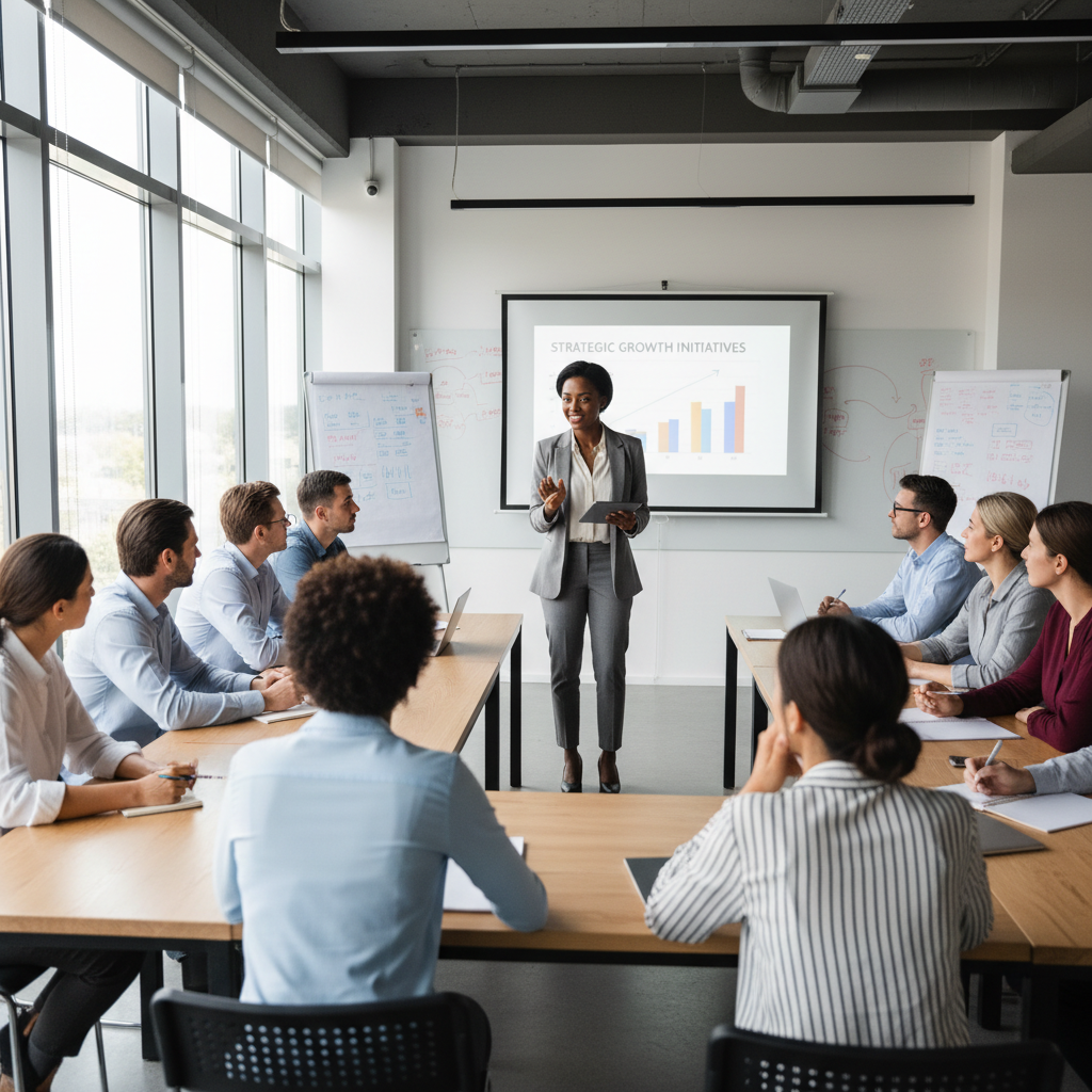Formateur africain animant une session de formation professionnelle devant un groupe de participants attentifs