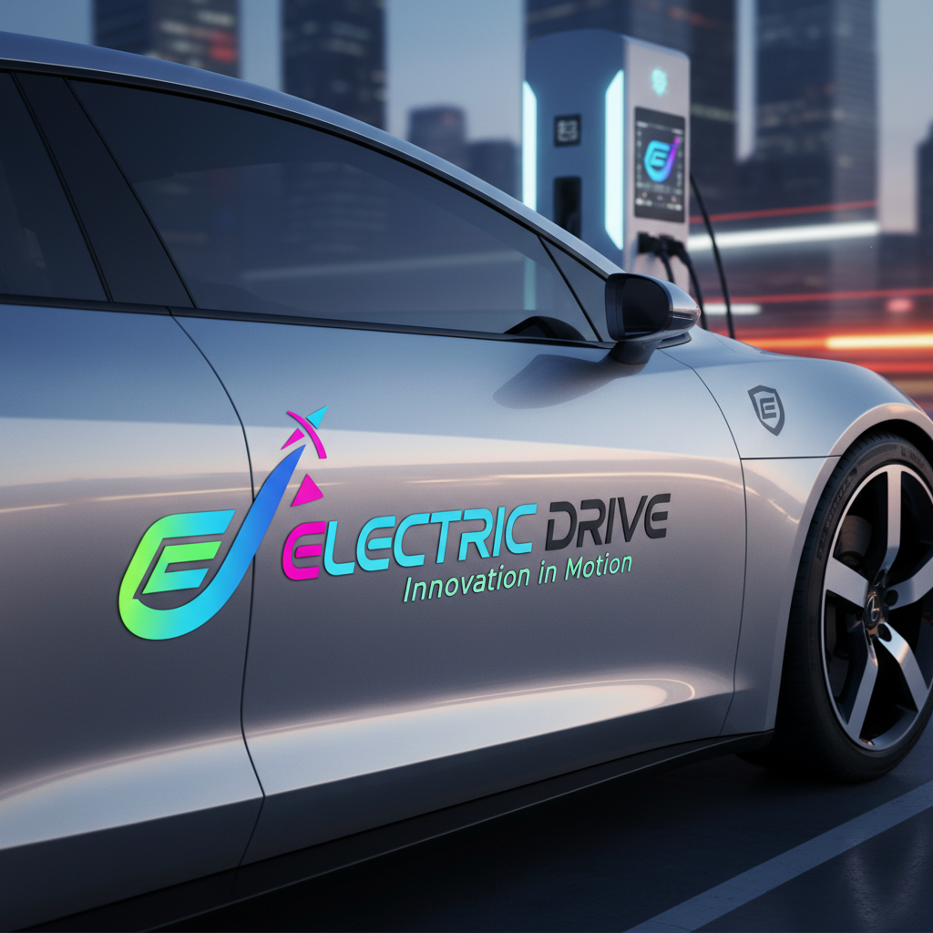 Electric vehicle brand identity with modern typography and bold color palette applied to vehicle signage