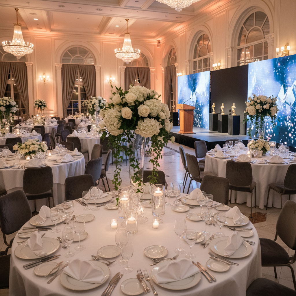 Elegant awards ceremony gala with round tables, chandelier lighting, and decorated stage
