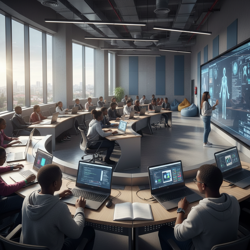 Students in a modern digital classroom at GHITS University Bamenda with technology equipment