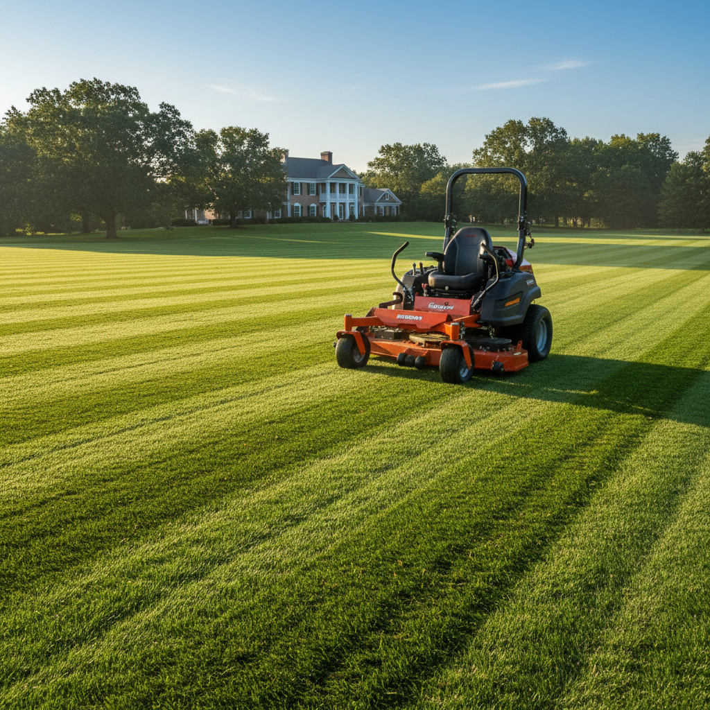 Professional crew member mowing a large residential lawn with a zero-turn mower