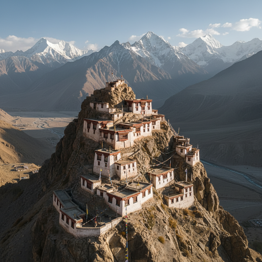 Spiti Valley high altitude desert landscape with ancient Key Monastery on cliff and barren mountains