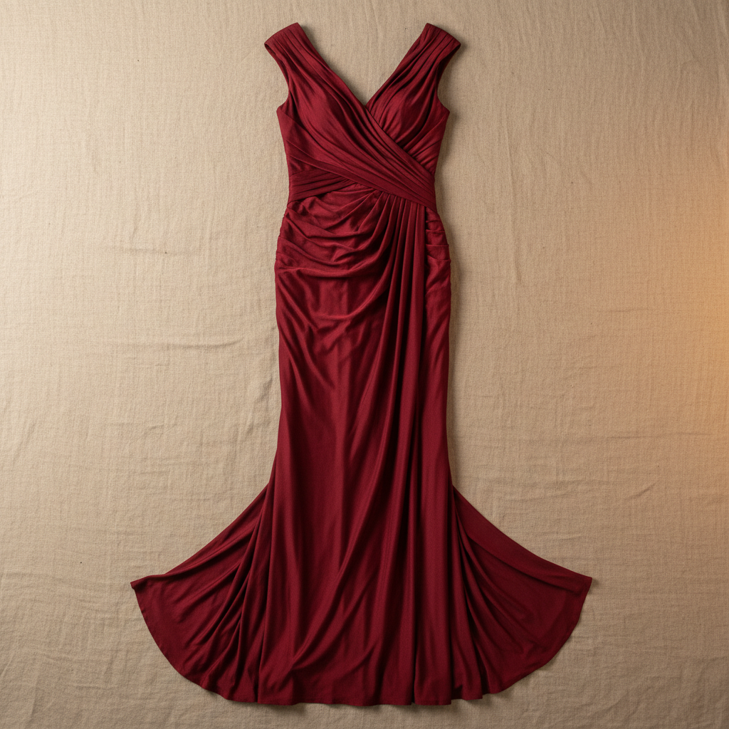 Editorial fashion shot of draped evening dress in deep charcoal
