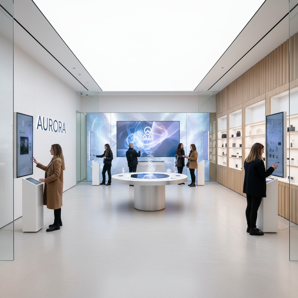 Modern retail environment with technology integration, atmospheric lighting, clean professional store interior
