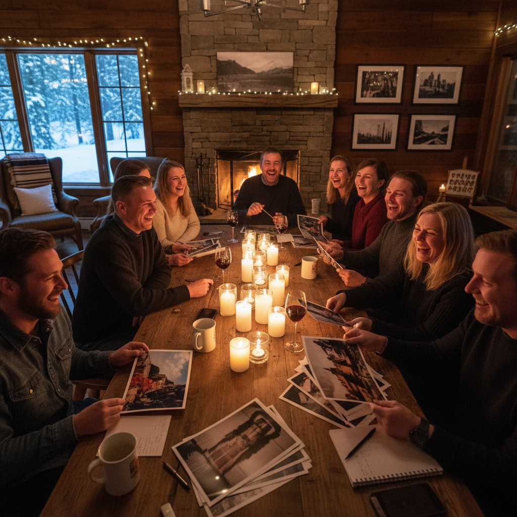 Group of photographers gathered around a table at a retreat, warm candlelight, laughing and sharing prints