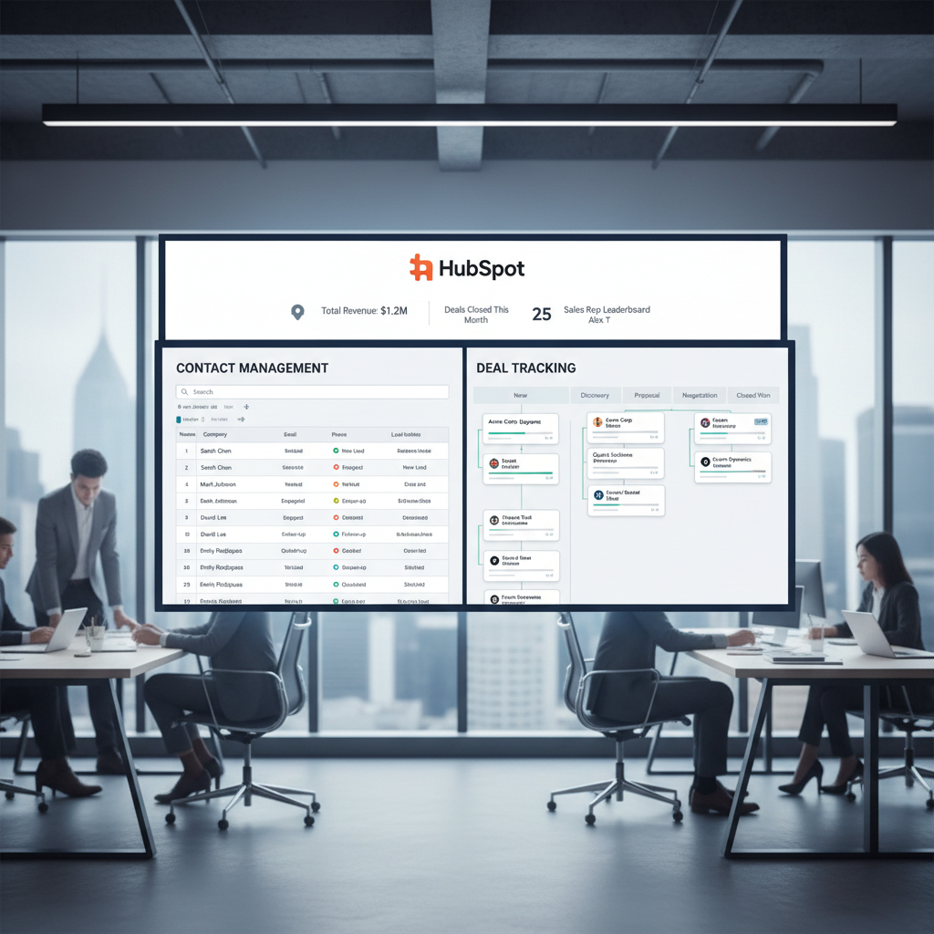 HubSpot sales dashboard with contact management and deal tracking views