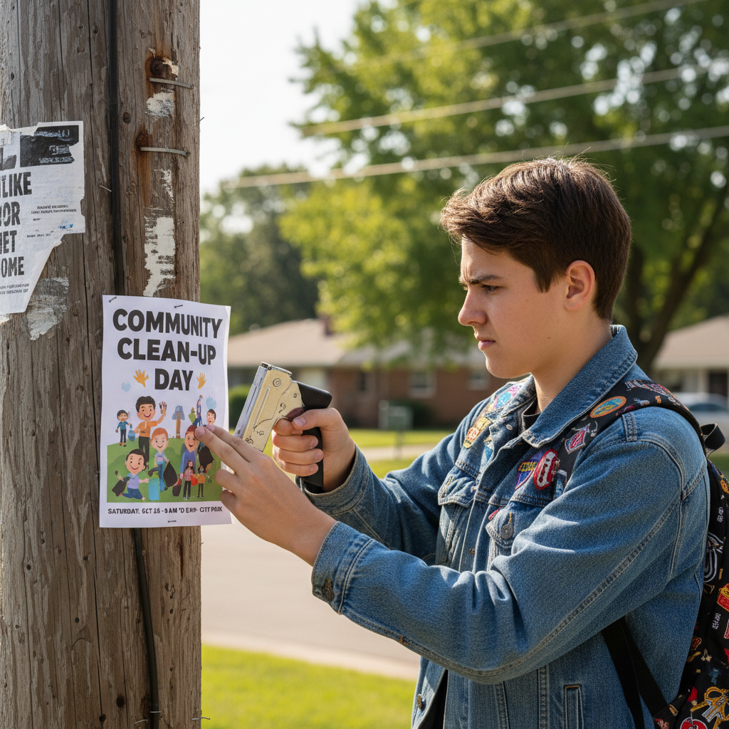 Teenager posting a community awareness flyer on a telephone pole