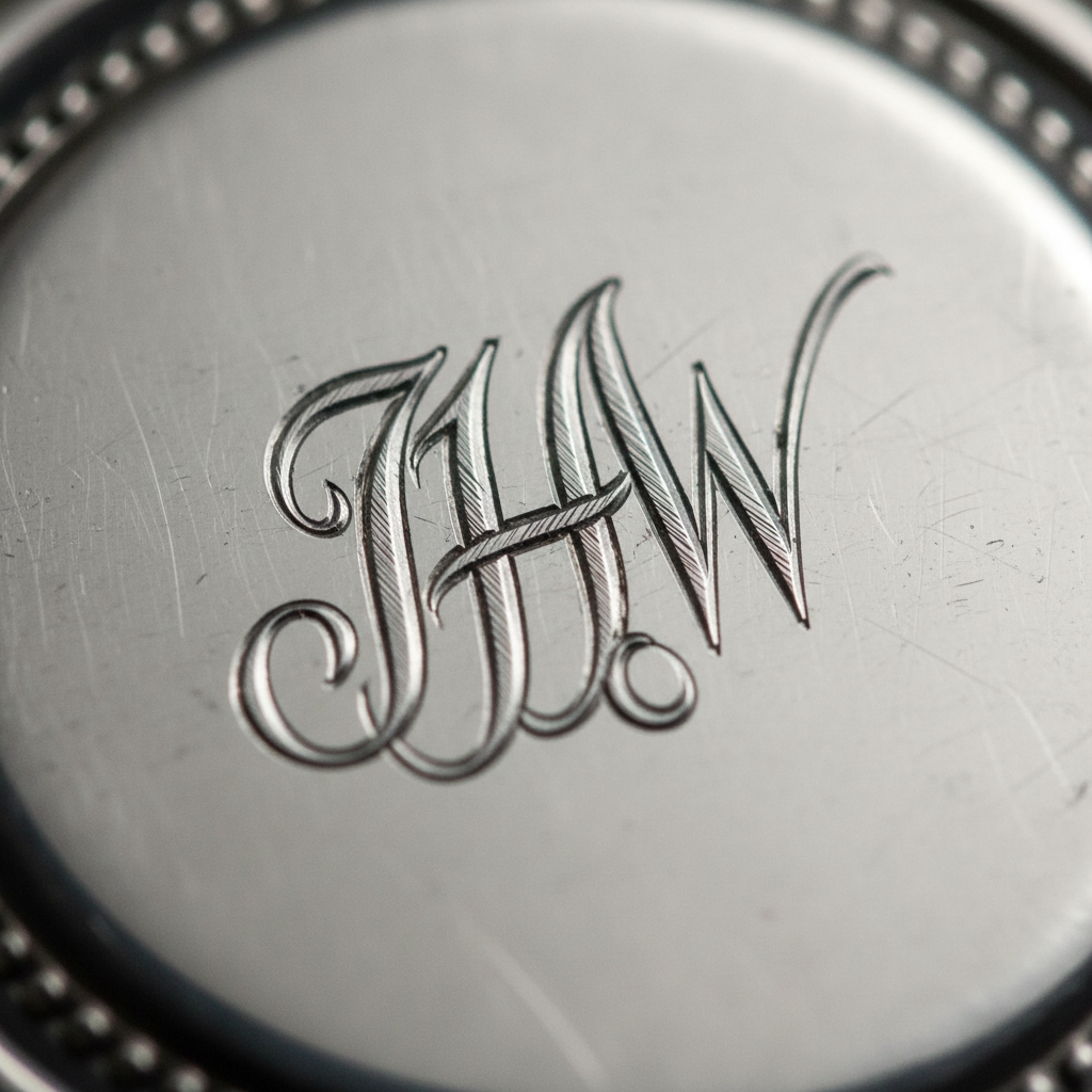 Extreme macro close-up of hand-engraved monogram in sterling silver, tool marks visible in the metal