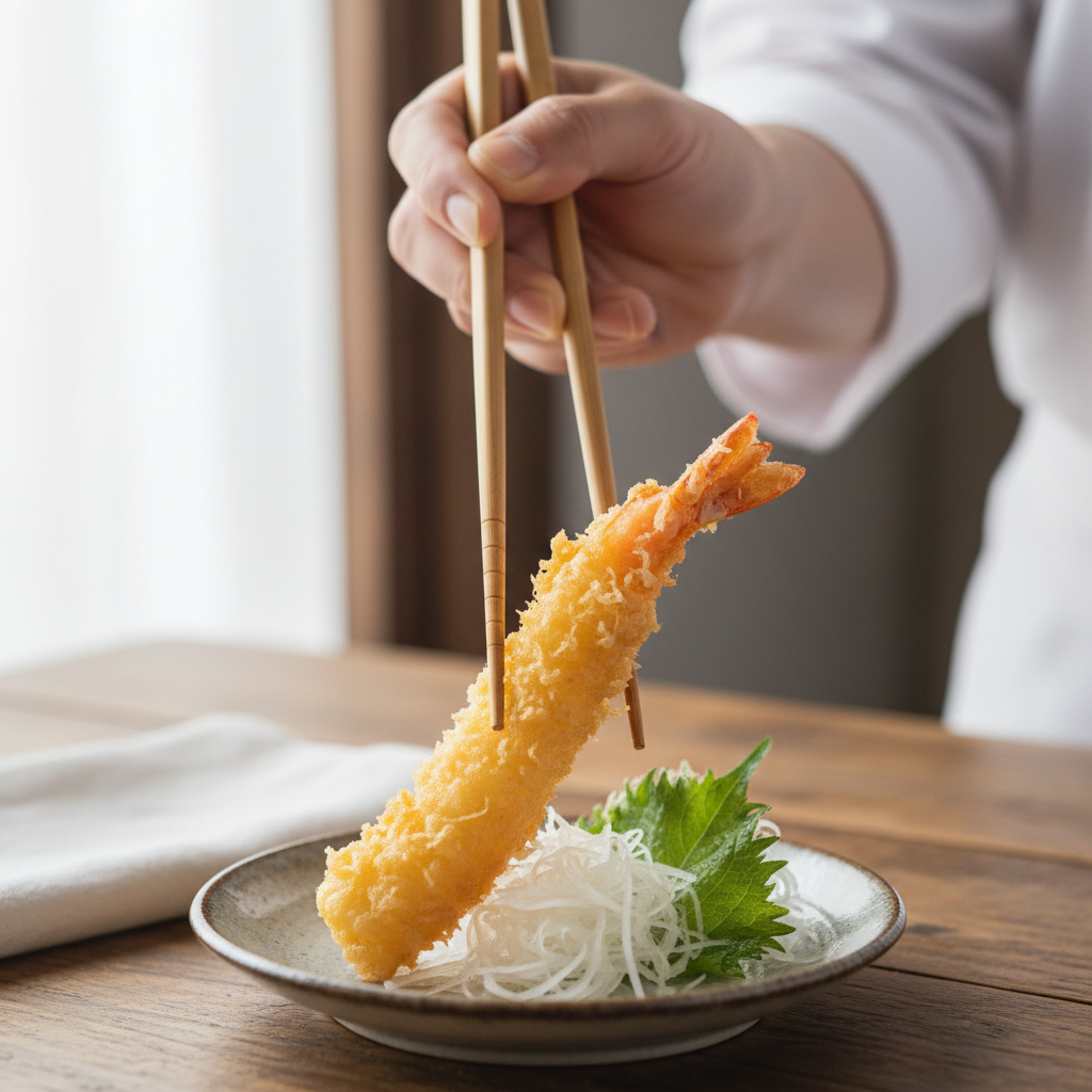 Chef's hand carefully placing a piece of tempura with bamboo chopsticks