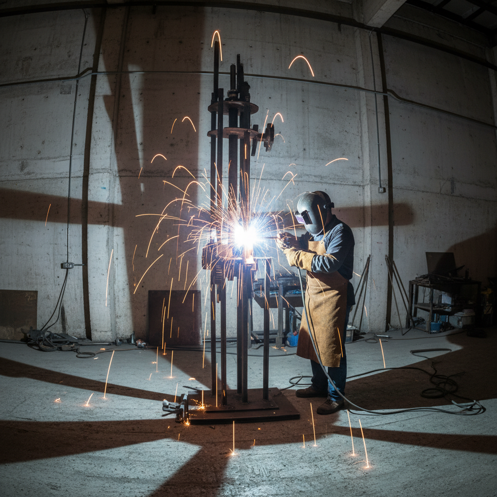 Wide shot of a six-foot steel armature standing in concrete studio with arc welder sparks