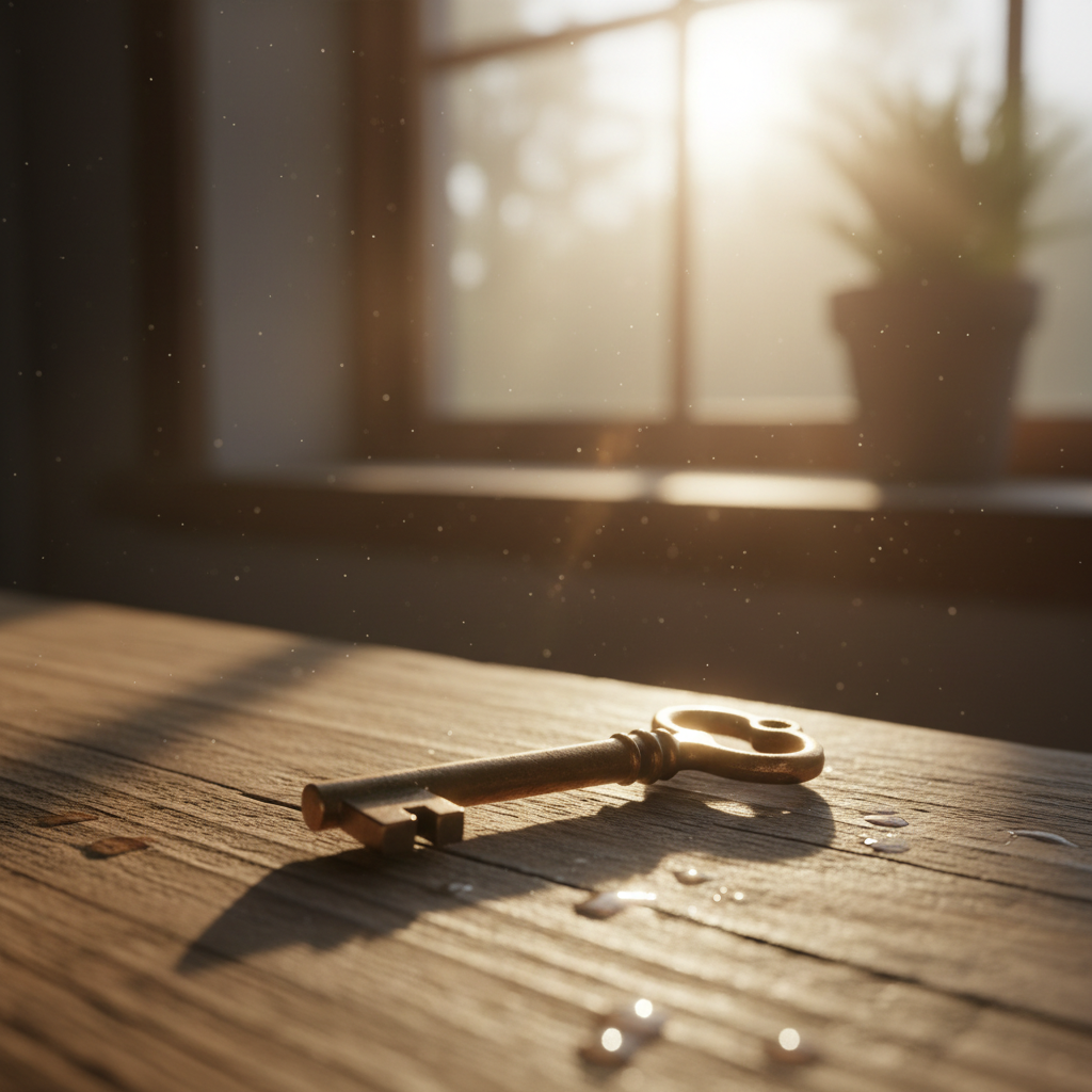 A single door key resting on a wooden surface in warm morning light