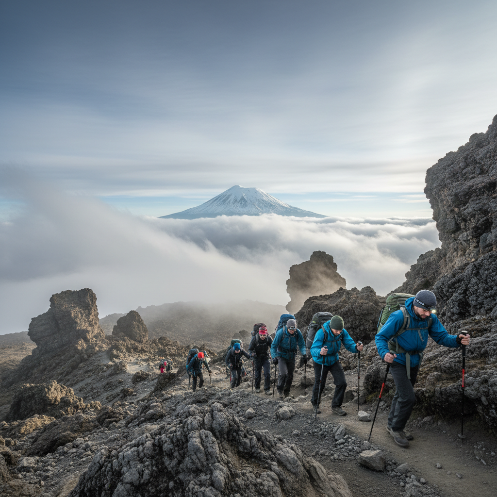 Trekkers ascending rocky Kilimanjaro trail at high altitude, bright clear day, vast African plains visible below