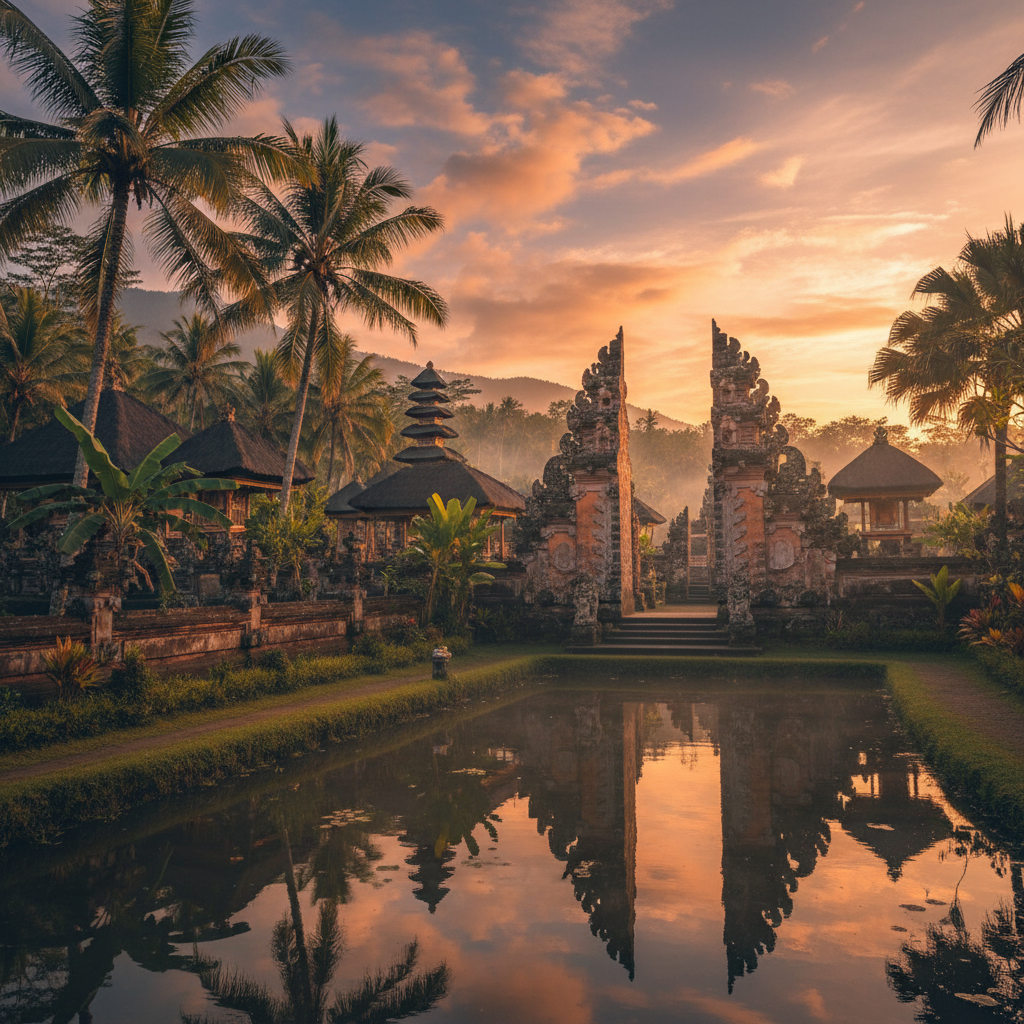 Balinese temple water feature at golden hour, bright warm lighting, lush tropical surroundings