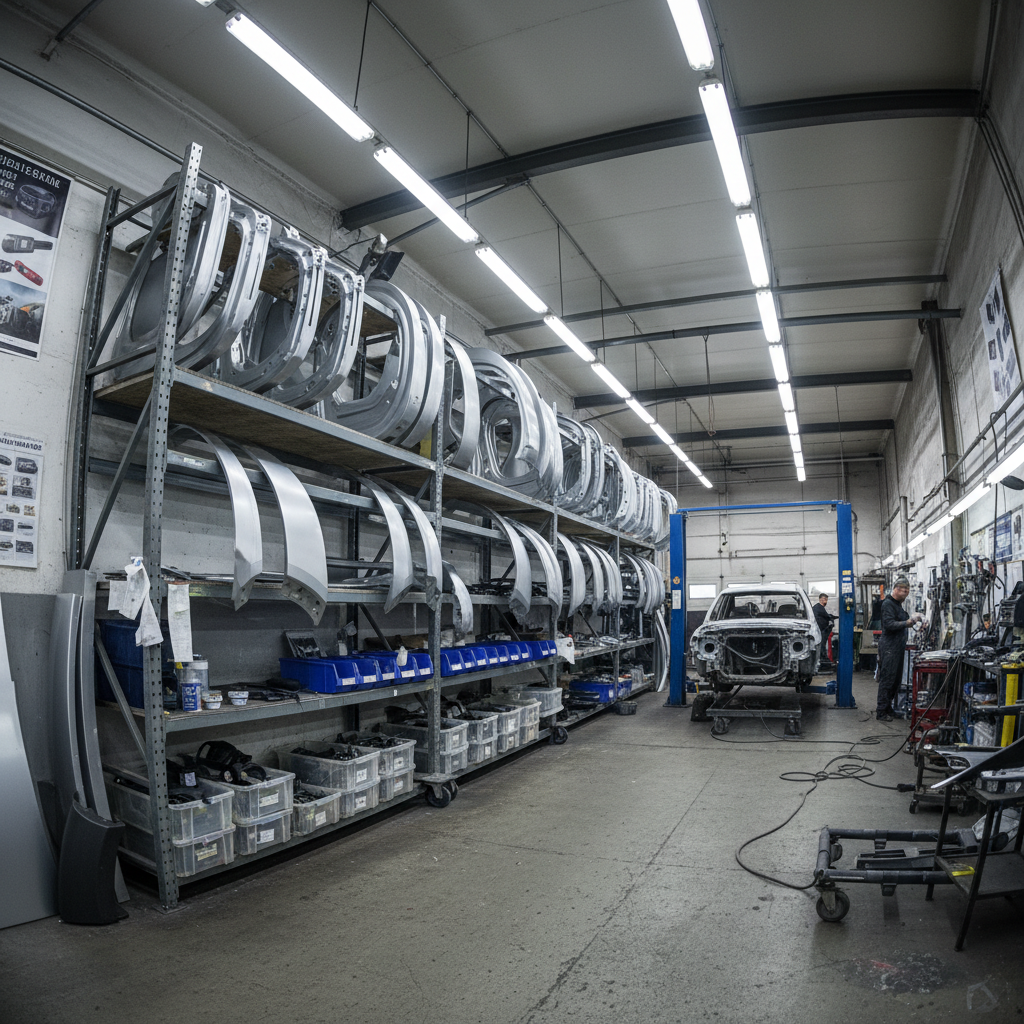 Auto body repair shop with steel panels and vehicle body parts on shelves