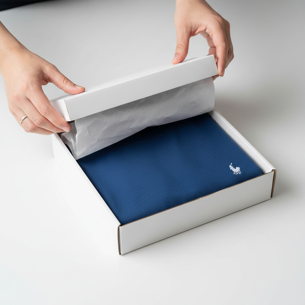 Hands lifting a box lid, tissue paper parting to reveal a folded tee