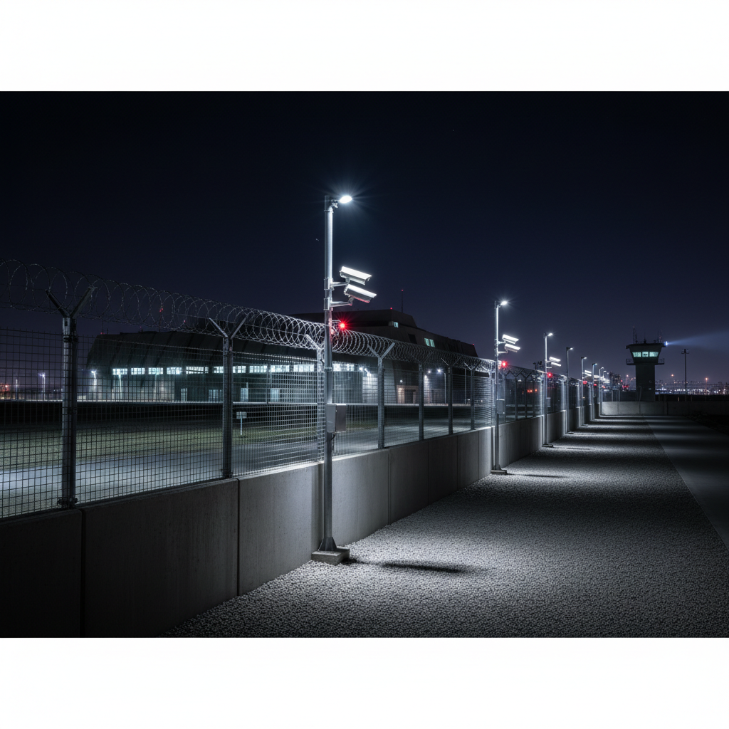 Security operations center with surveillance monitors and access control systems, dimly lit professional workspace, atmospheric dark blue lighting