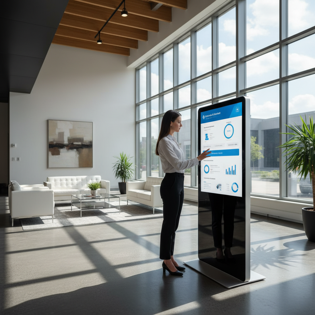 Enterprise ERP dashboard with AI assistant interface on multiple monitors in a modern corporate office environment