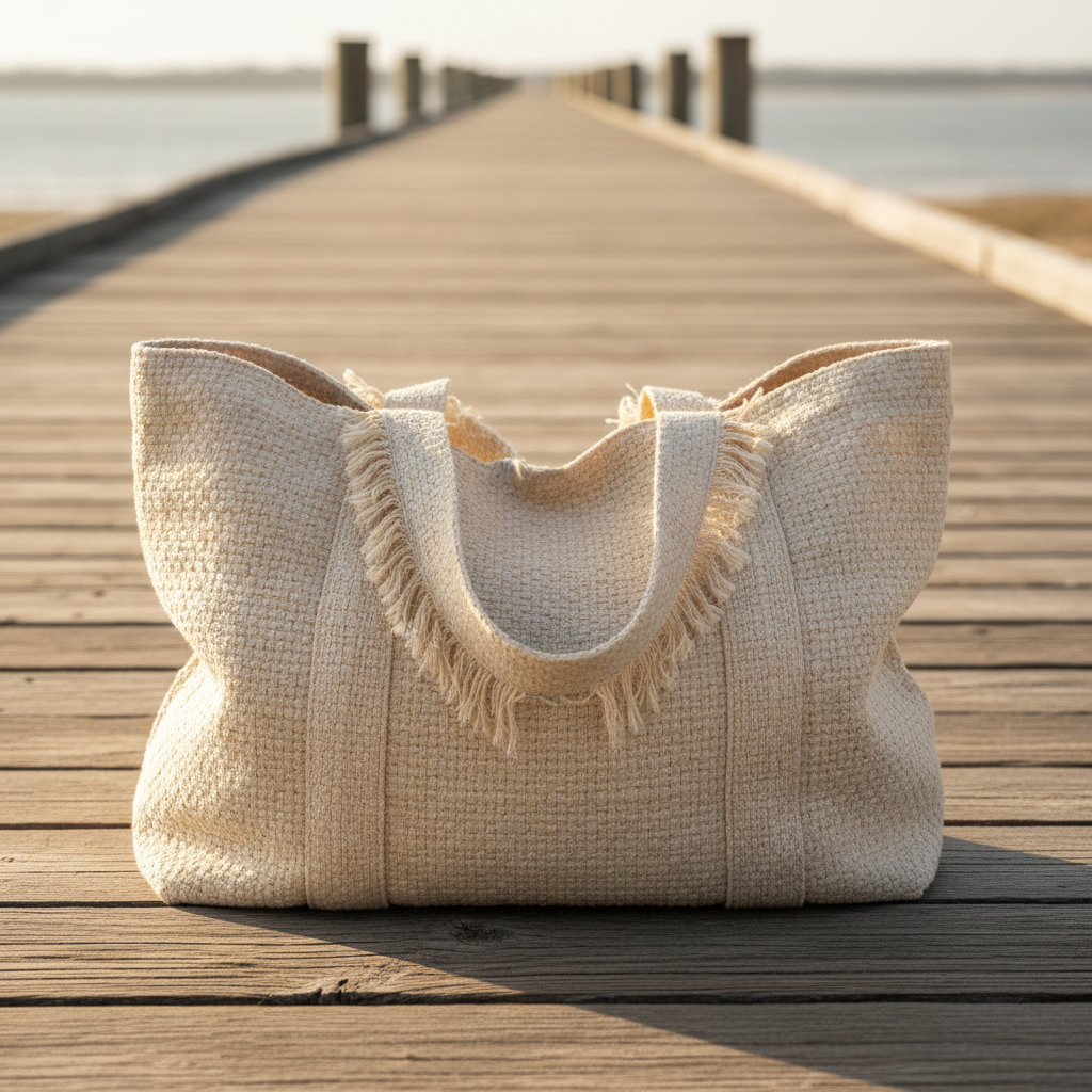 A large woven linen tote resting on weathered dock planks, morning light catching the raw-edge handles, no model, just the bag and the sea