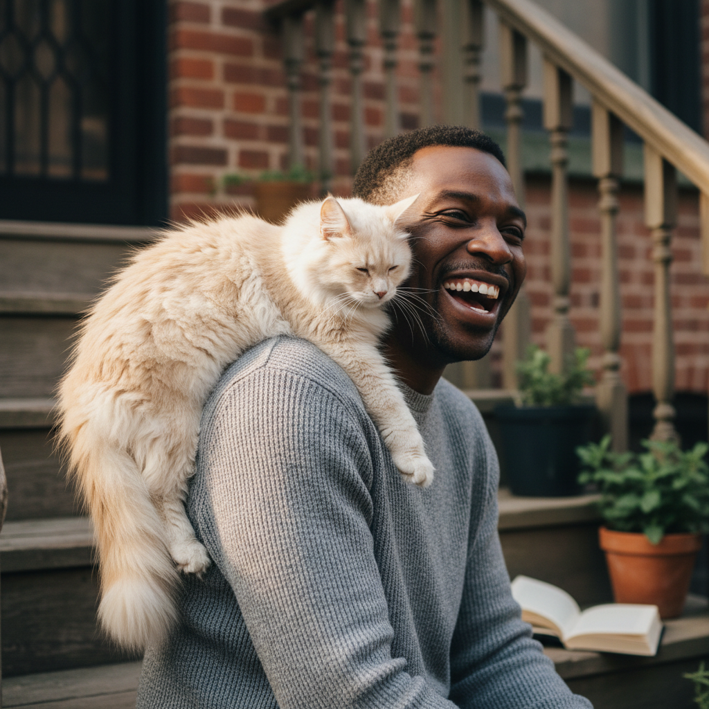 Black man in his 30s laughing on a stoop with a cream cat draped over his shoulder