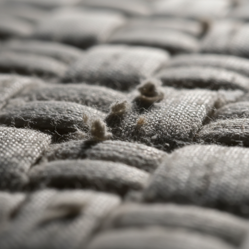 Macro close-up photograph of mattress fabric fibers showing dust accumulation in the weave, microscopic detail visible in harsh side lighting