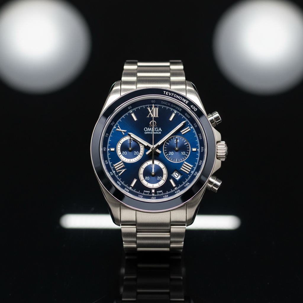 Premium minimalist watch with silver case on dark background, product photography
