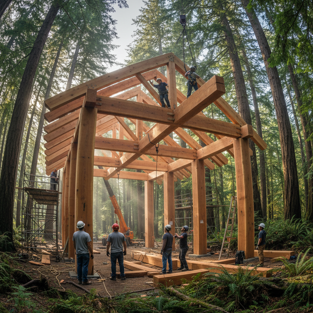 Cedar beams being raised during construction of the first Sanctuary gathering hall in Pacific Northwest forest