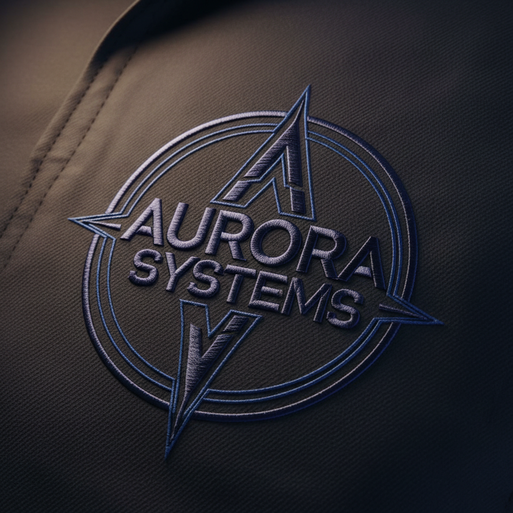 Close-up of professional embroidered company logo on dark navy workwear fabric, warm studio lighting