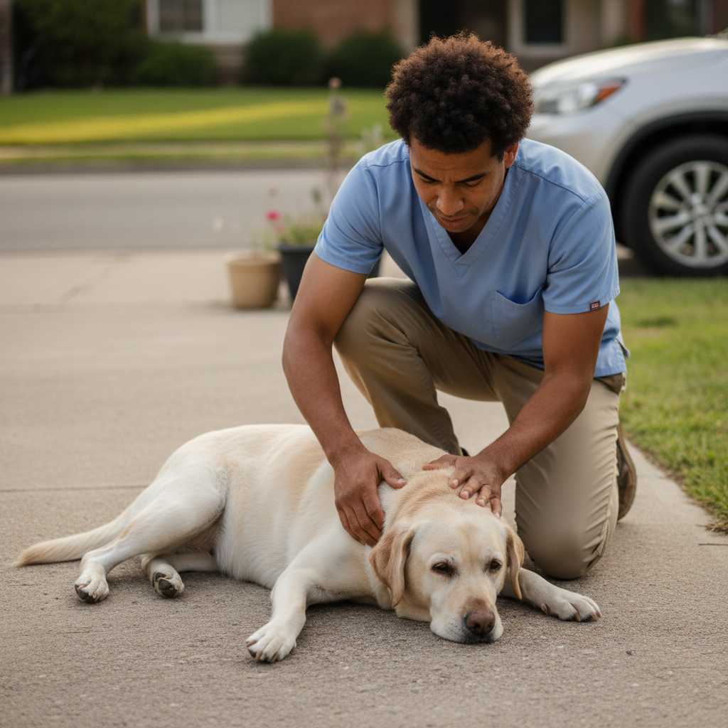 Male veterinarian with short natural hair examining a senior Labrador retriever on a home driveway
