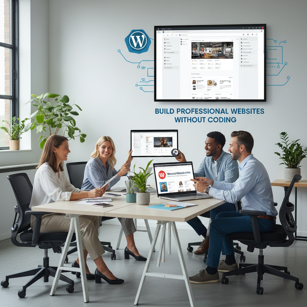 Modern website design displayed on desktop monitor, tablet, and smartphone showing responsive layout