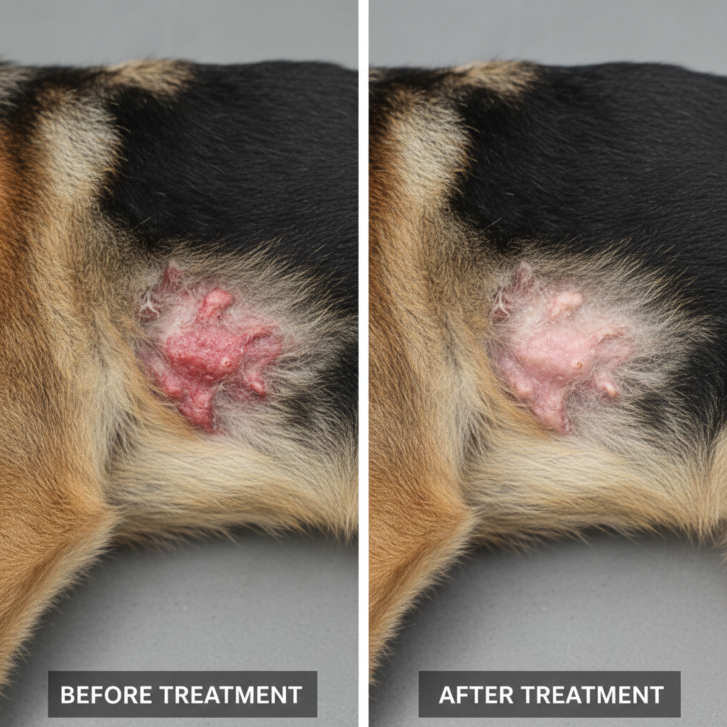 Before and after hotspot treatment preparation for a German shepherd