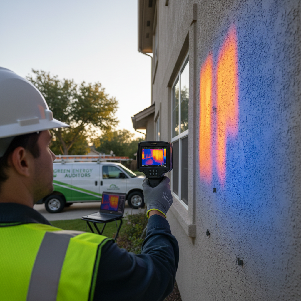 Energy auditor using infrared camera on exterior wall showing thermal heat loss patterns in orange and yellow