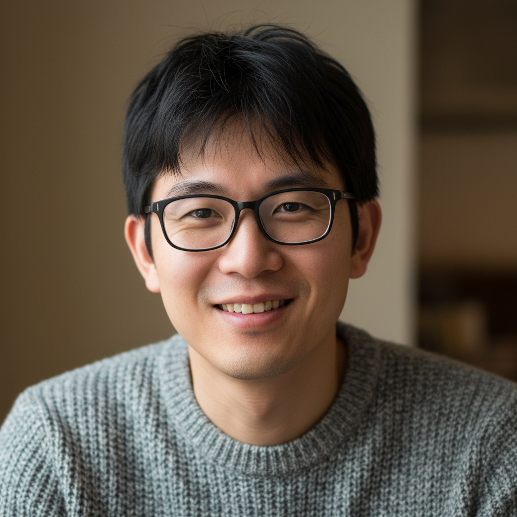 Asian man with glasses and black hair in casual sweater at broadcasting desk