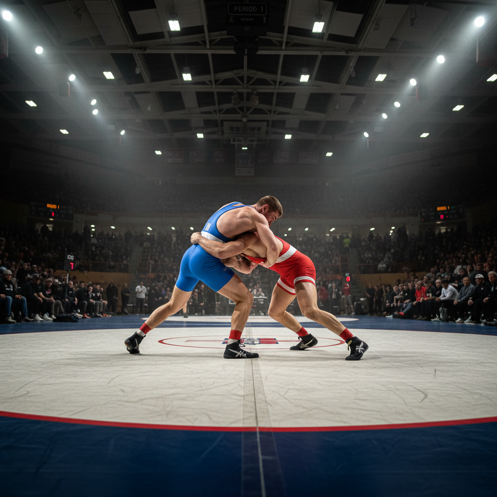 Intense match on the wrestling mat under bright gymnasium lights