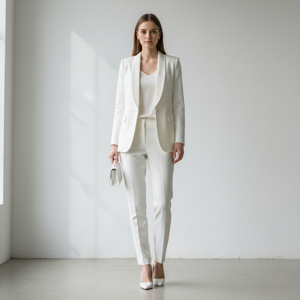 Model in clean white minimal outfit against pure white background, architectural composition