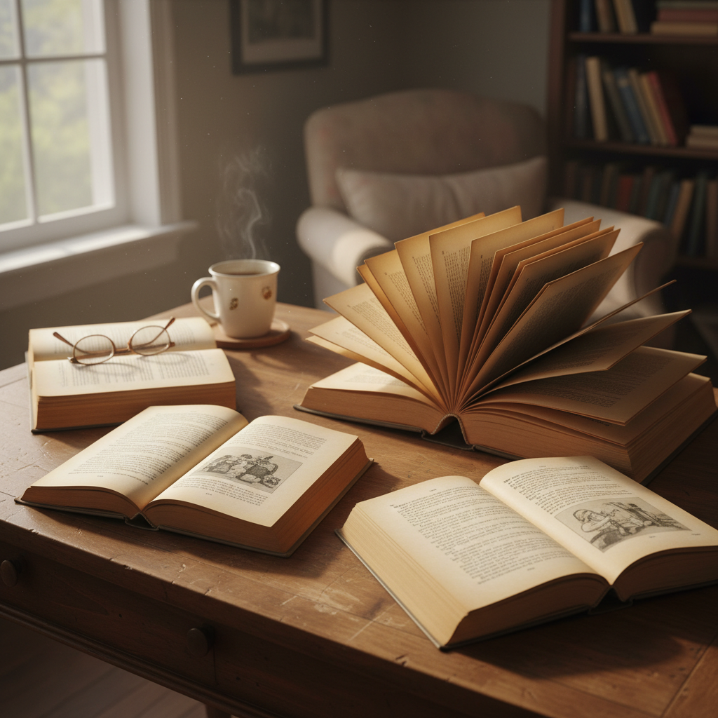 Aged paperback books fanned open on a reading desk
