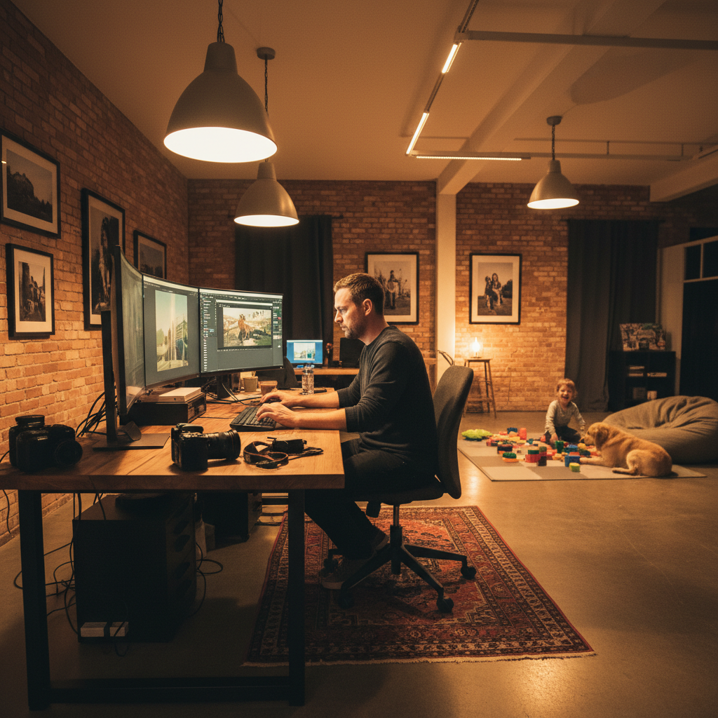 Photographer editing photos in a warmly lit studio while child plays nearby