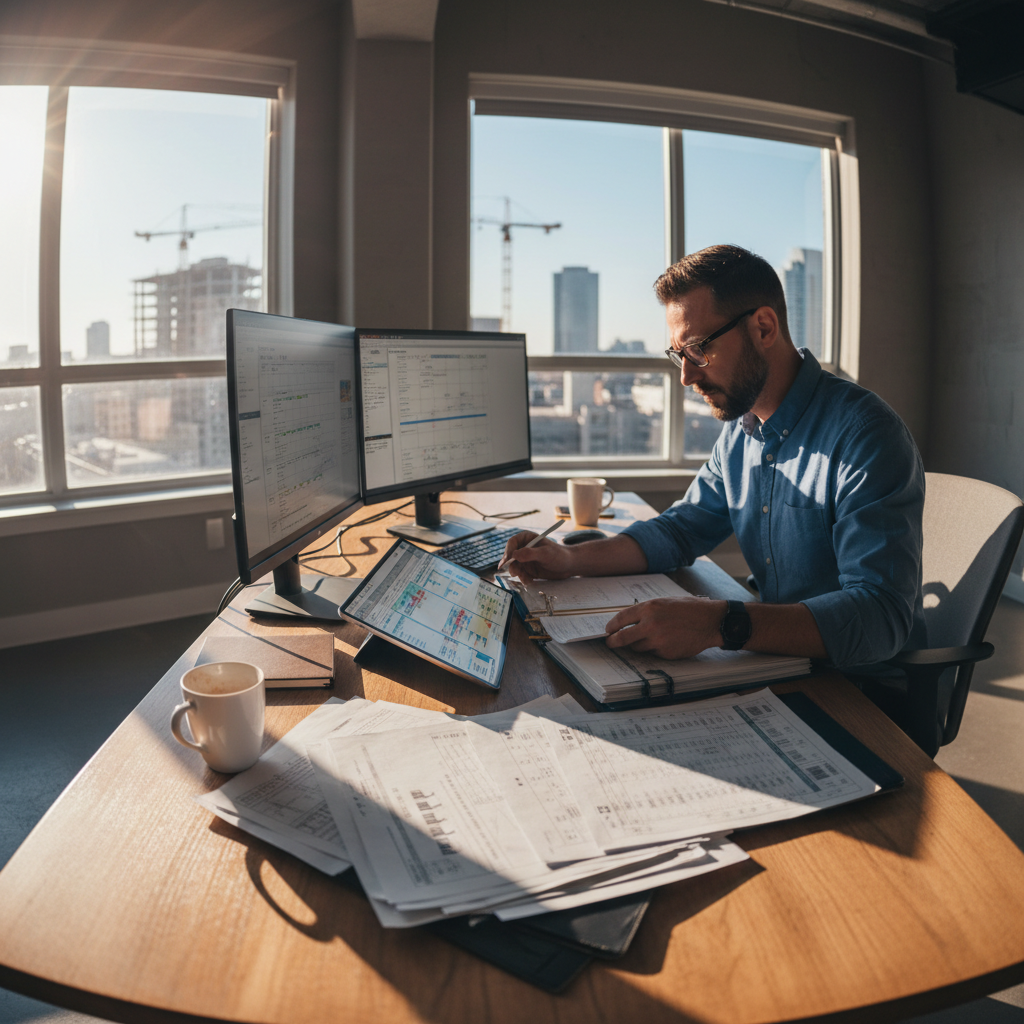 Independent contractor reviewing project estimates and scheduling work orders