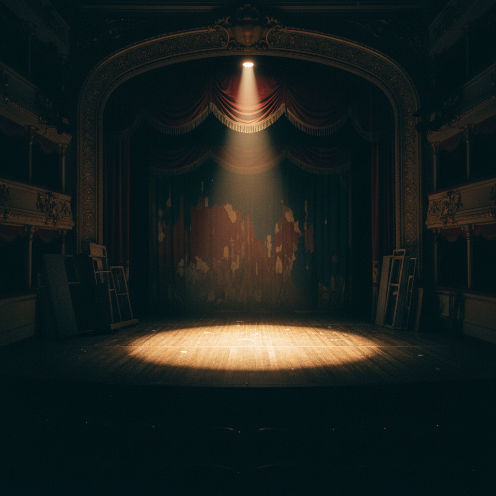 Theater stage with dramatic red curtain, spotlight illuminating center stage, dark auditorium