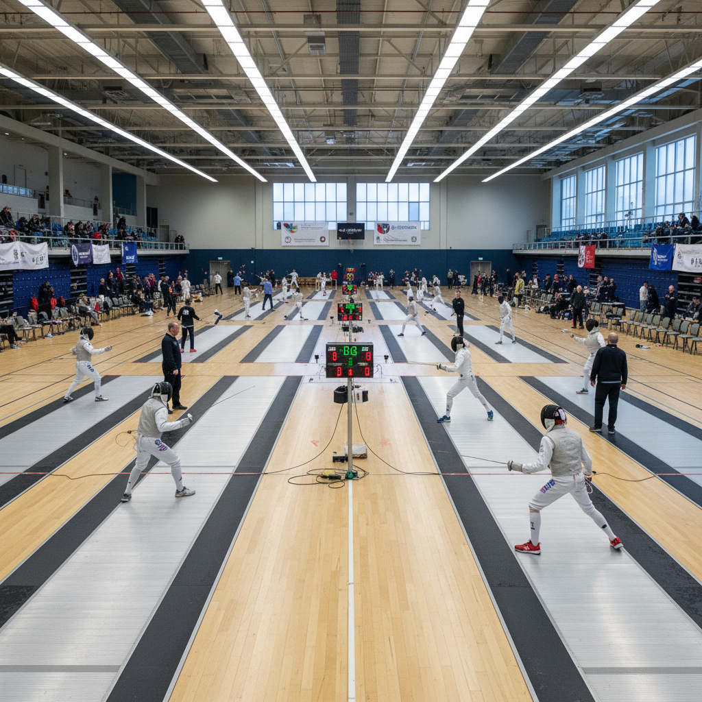 Tournament hall with multiple fencing strips and scoring equipment